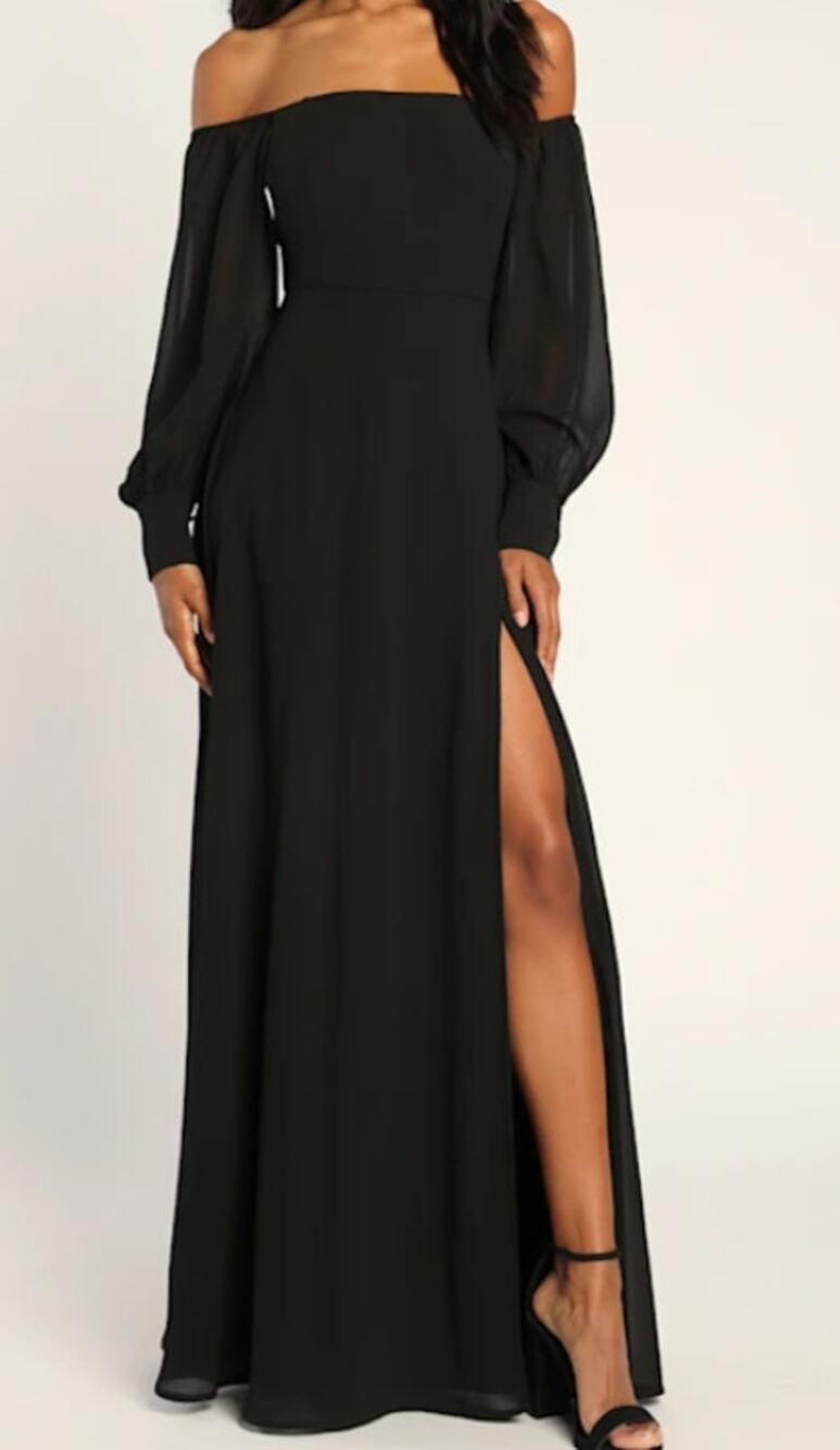 LULU'S SZ M Feel the Romance Black chiffon Off-the-Shoulder Maxi Dress 0b8
